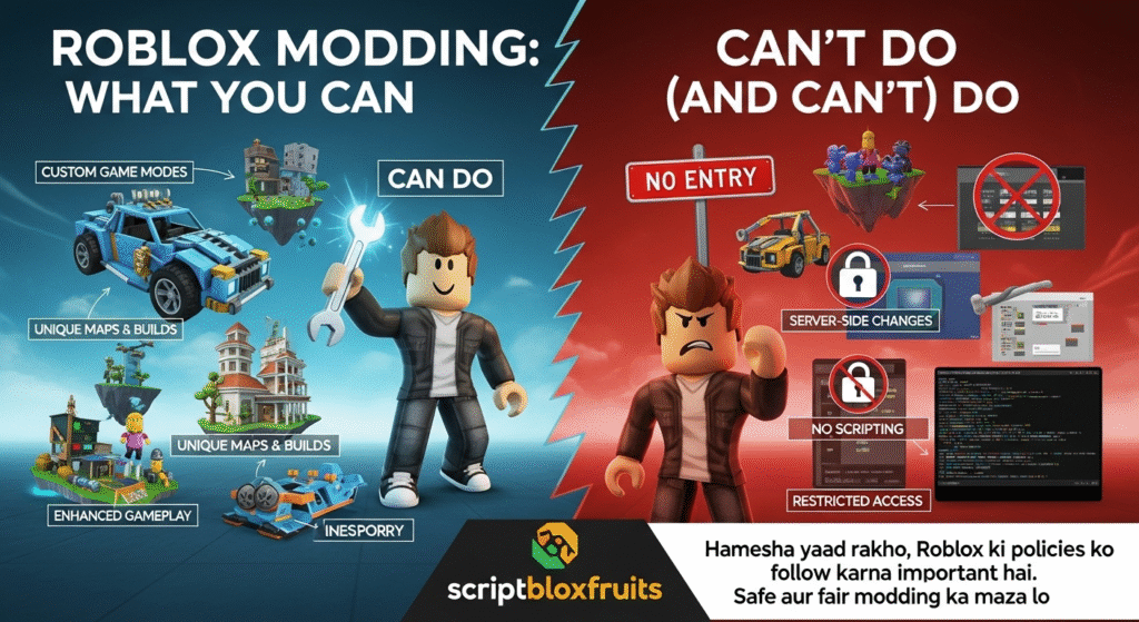 Divisão entre o uso seguro do Roblox Studio (permitido) e os riscos de usar mods ilegais