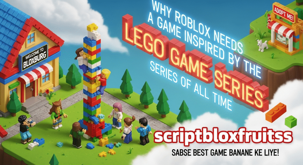 Conceito de fusão entre um avatar do Roblox e uma minifigura de um jogo LEGO.