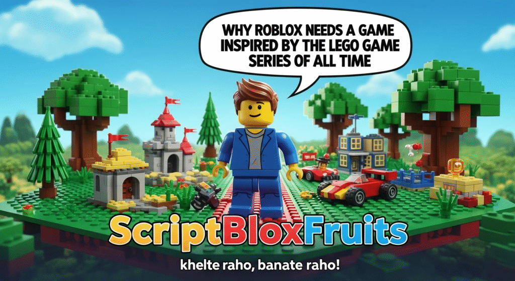 Dois jogadores a resolver um puzzle cooperativo num jogo estilo LEGO no Roblox.