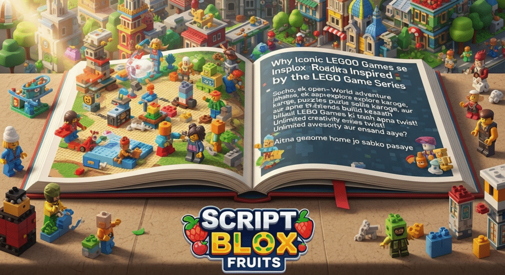 Mundo central (hub world) de um jogo estilo LEGO no Roblox, com portais e colecionáveis.