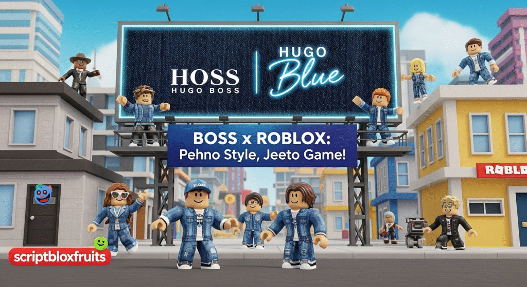 Avatar a usar a coleção de ganga Hugo Blue da HUGO BOSS na sua experiência no Roblox.