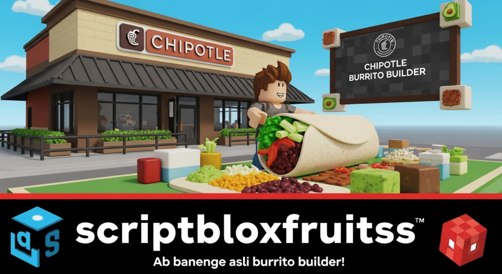 Avatar de um jogador no jogo Chipotle Burrito Builder no Roblox, atrás da linha de preparação de comida.