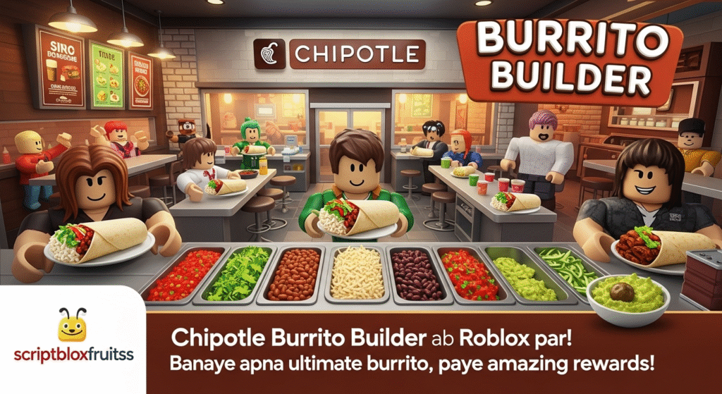 O restaurante virtual da Chipotle dentro do metaverso Roblox, com vários avatares de jogadores a interagir no exterior.