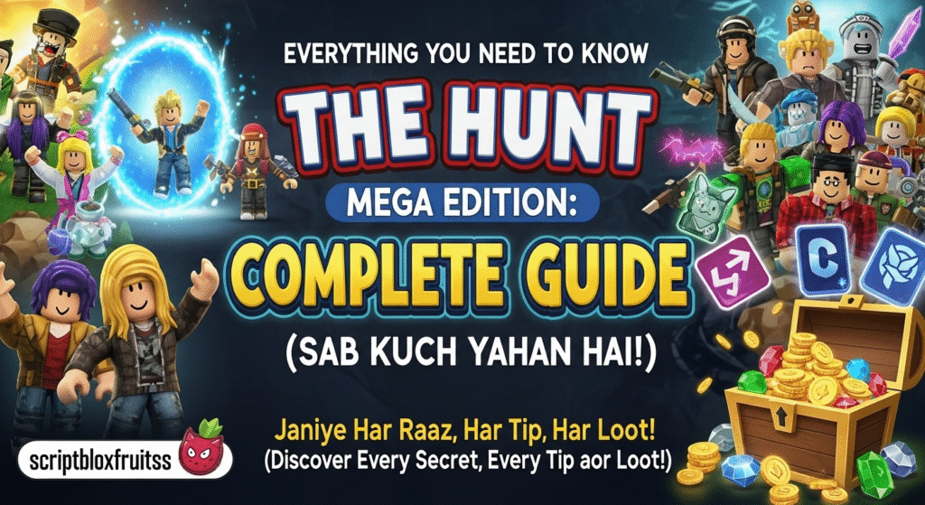  O hub central do evento The Hunt no Roblox, com vários jogadores e portais para os jogos.