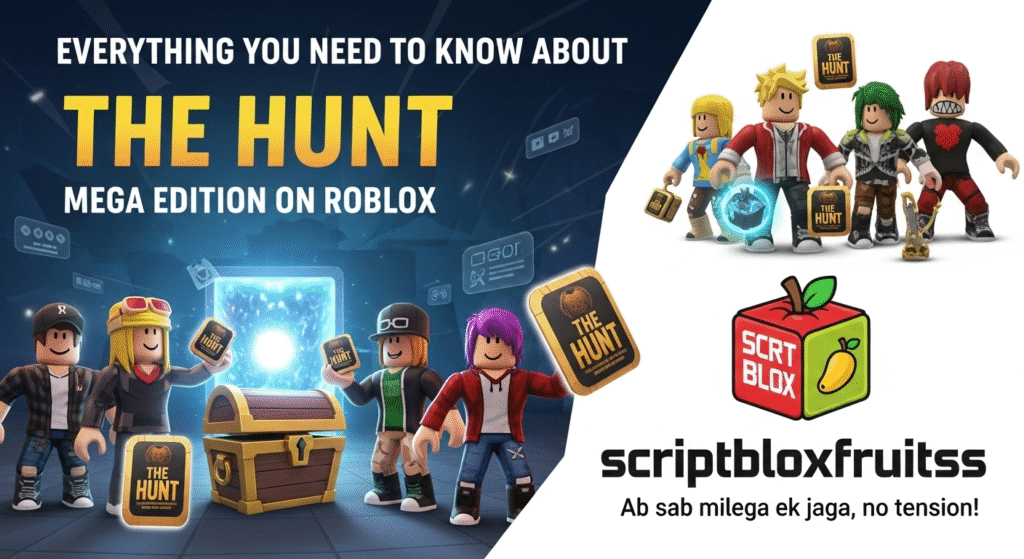 Jogador a ganhar emblemas em diferentes jogos para o evento The Hunt no Roblox.