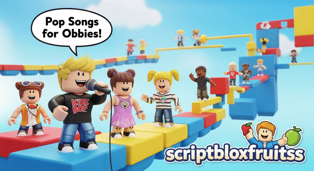 Avatar a jogar no percurso temático do KIDZ BOP dentro do Really Easy Obby no Roblox.