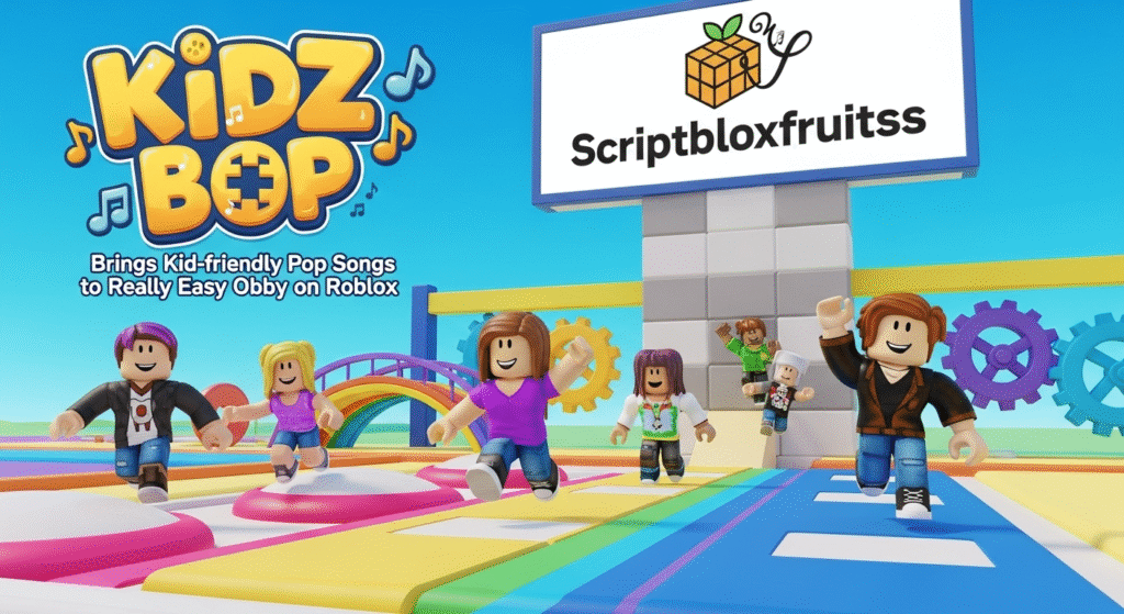 Jogabilidade do obby musical do KIDZ BOP, com plataformas em forma de teclas de piano.