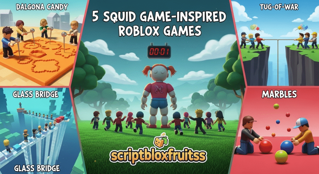 Jogadores no desafio "Batatinha Frita 1, 2, 3" num jogo do Roblox inspirado em Squid Game.