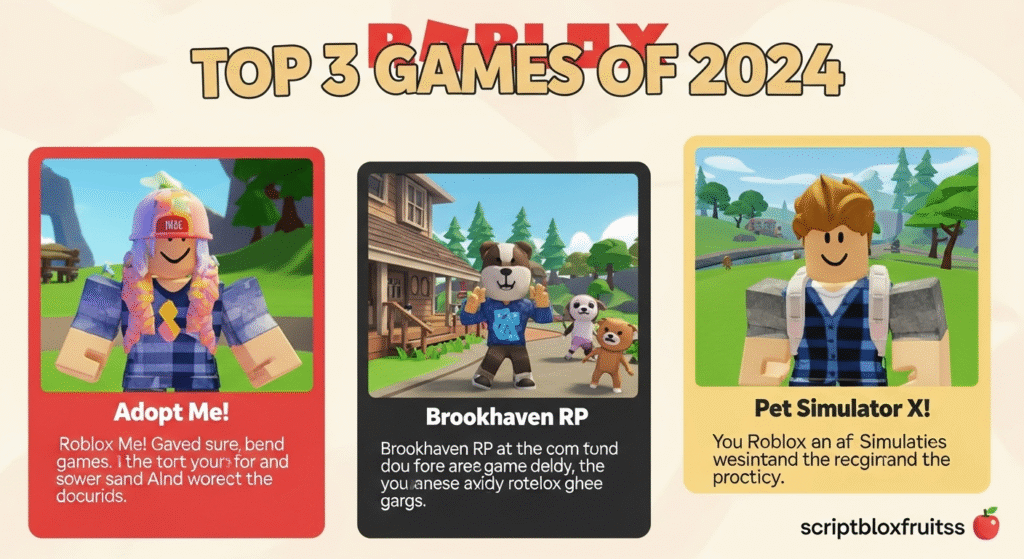 Montagem dos melhores jogos do Roblox em 2024, mostrando um simulador, um RPG e um obby.