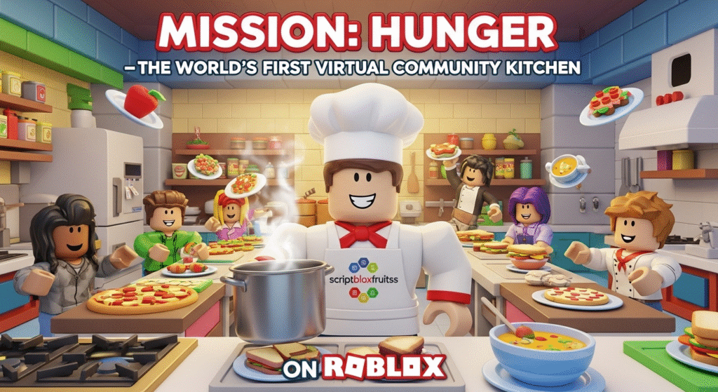 Avatares a colaborar na cozinha comunitária virtual Mission: Hunger no Roblox.