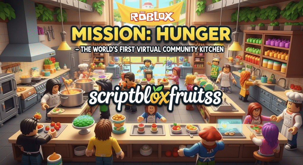 Comunidade de jogadores reunida na cozinha virtual do Mission: Hunger no Roblox, a celebrar as refeições servidas.