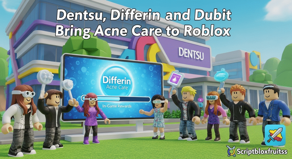  Jogador a aplicar um "pimple patch" num avatar no jogo da Differin no Roblox.