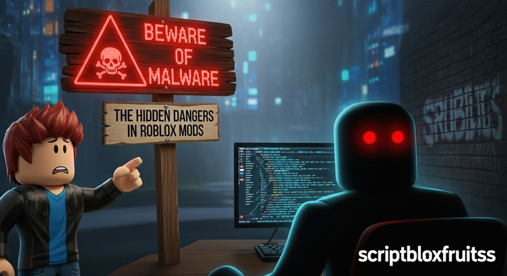 Símbolo de perigo (caveira) sobre um botão de download de um mod do Roblox, alertando sobre malware.