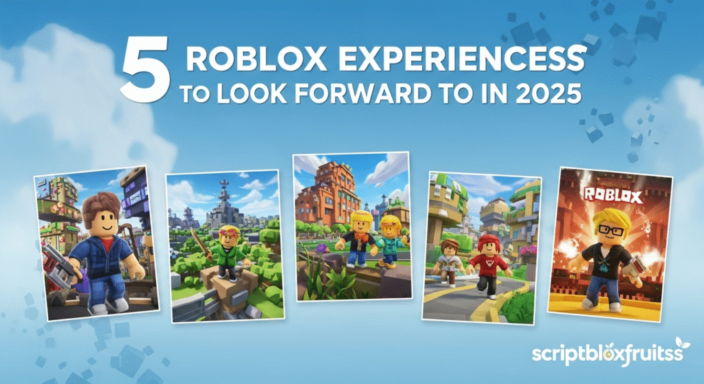 Montagem de futuras experiências de jogos no Roblox para 2025, mostrando vários géneros.