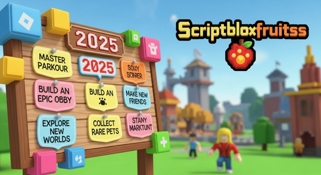 Avatar do Roblox a celebrar o Ano Novo 2025 com uma lista de metas para cumprir.