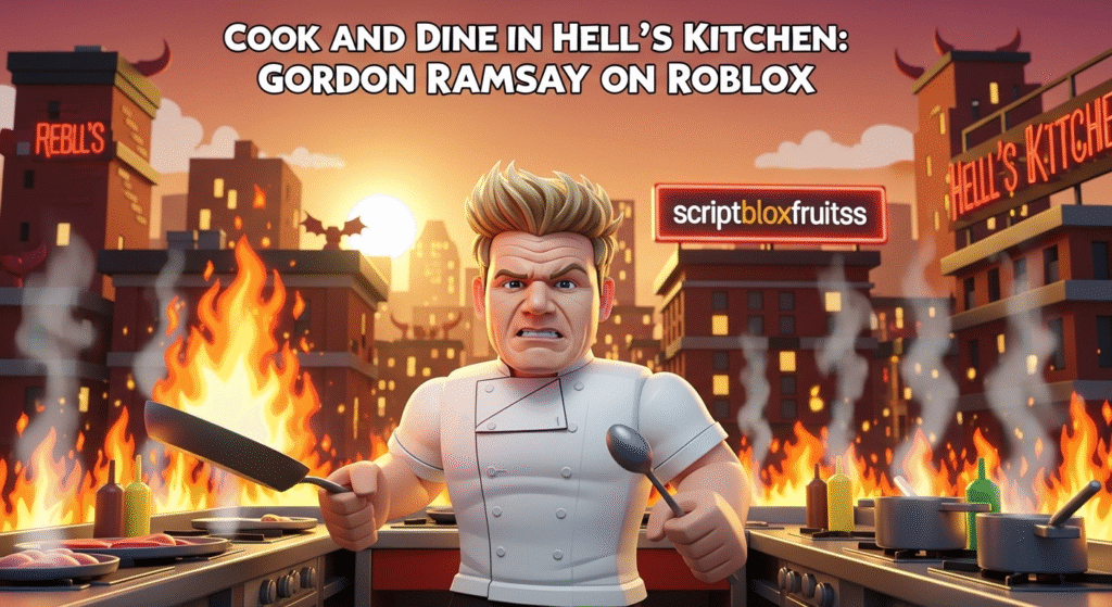 Avatar de Gordon Ramsay a supervisionar uma cozinha caótica no jogo Hell's Kitchen do Roblox.
