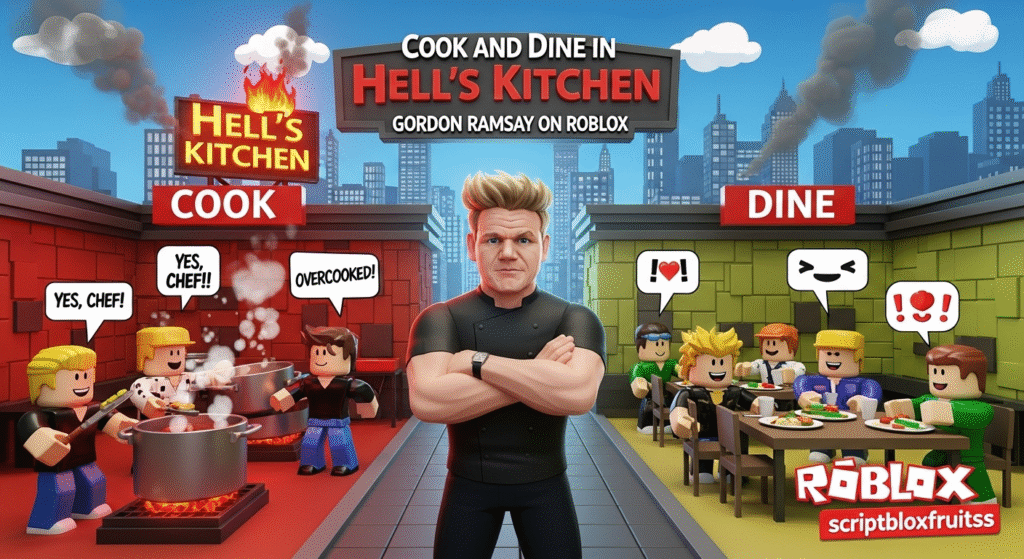 Jogador a cozinhar sob pressão numa estação de cozinha do Hell's Kitchen no Roblox.