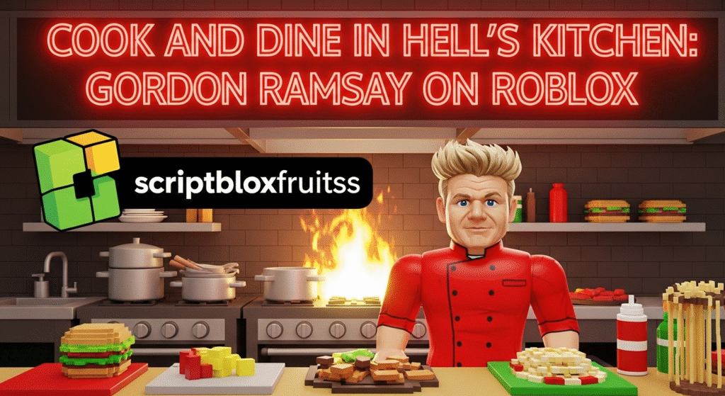 Avatar de Gordon Ramsay a supervisionar uma cozinha caótica no jogo Hell's Kitchen do Roblox.