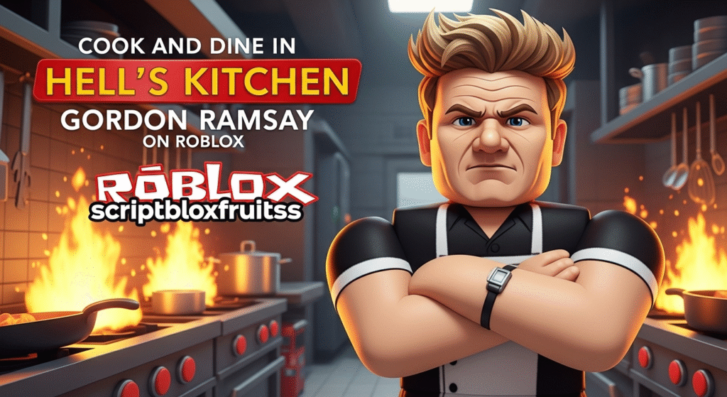 Jogador a cozinhar sob pressão numa estação de cozinha do Hell's Kitchen no Roblox.