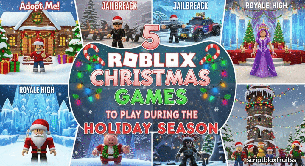 Montagem de jogos de Natal do Roblox, mostrando um obby, um jogo social e um tycoon.