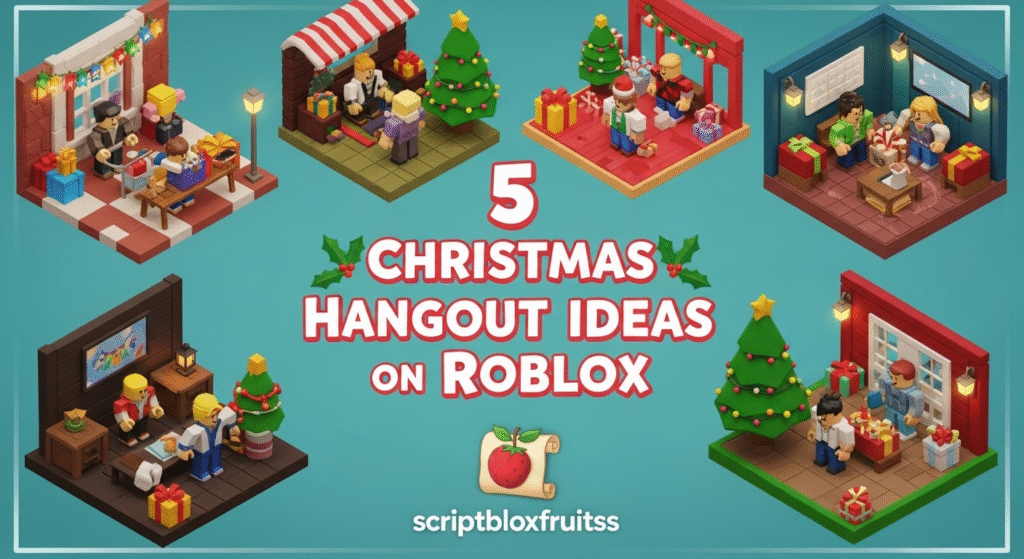 Jogadores a conversar e a decorar uma árvore dentro de uma cabana de Natal no Roblox.