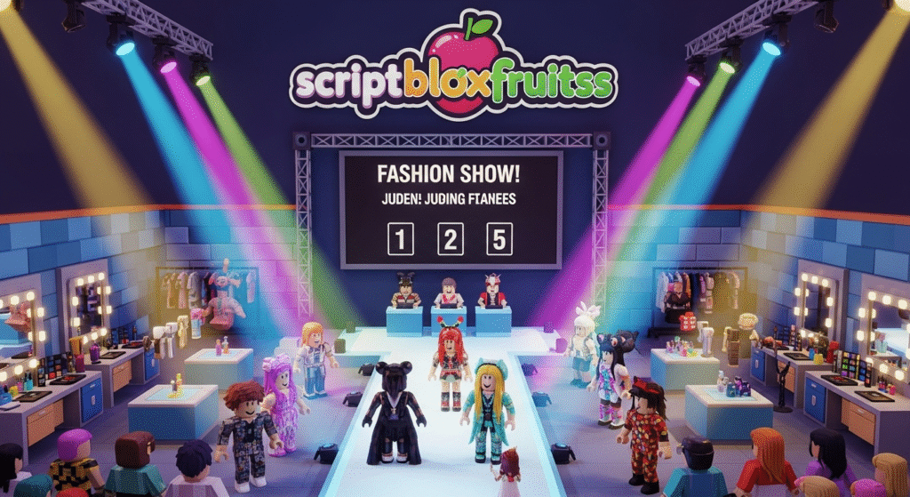 Avatar a desfilar numa passarela de um jogo de moda no Roblox, a ser aplaudido pela plateia.