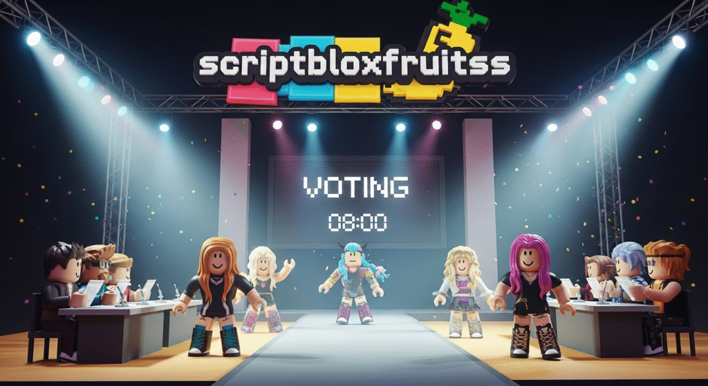 Camarim virtual com muitas opções de roupas e acessórios num jogo de moda do Roblox.