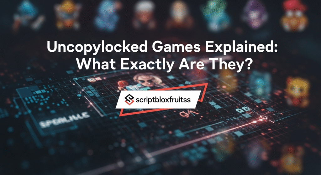  Conceito de um jogo uncopylocked no Roblox, mostrando os seus scripts e modelos 3D abertos.