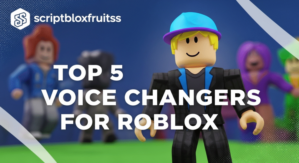 Conceito de um modulador de voz no Roblox, com um avatar a transformar a sua voz em diferentes personagens.