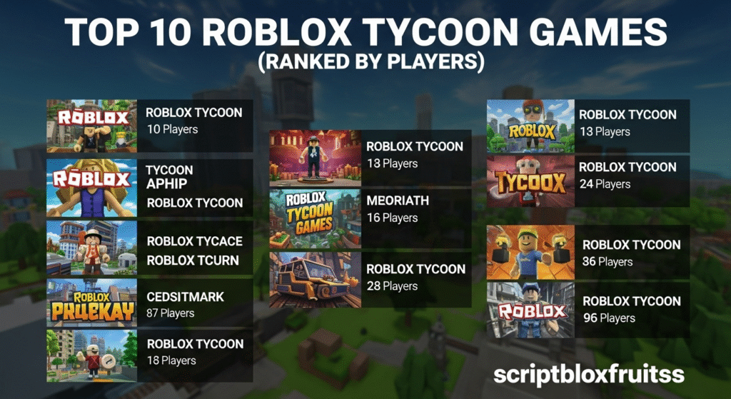 Montagem dos melhores jogos Tycoon do Roblox, mostrando um parque, uma base militar e um restaurante.