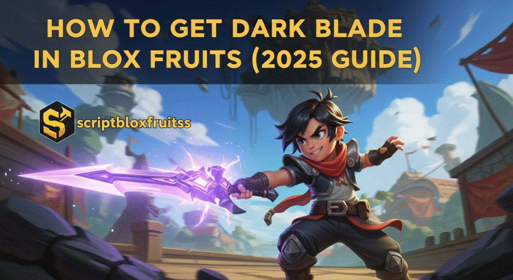 Avatar a exibir a poderosa espada Dark Blade no jogo Blox Fruits do Roblox.