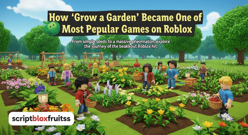 Jogador a cuidar de um jardim vibrante e cheio de flores no jogo Grow a Garden do Roblox.