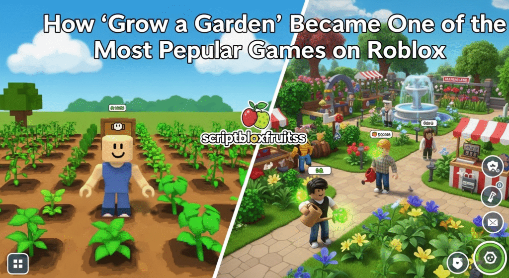 Comparação da progressão de um jardim, do início ao nível avançado, em Grow a Garden.