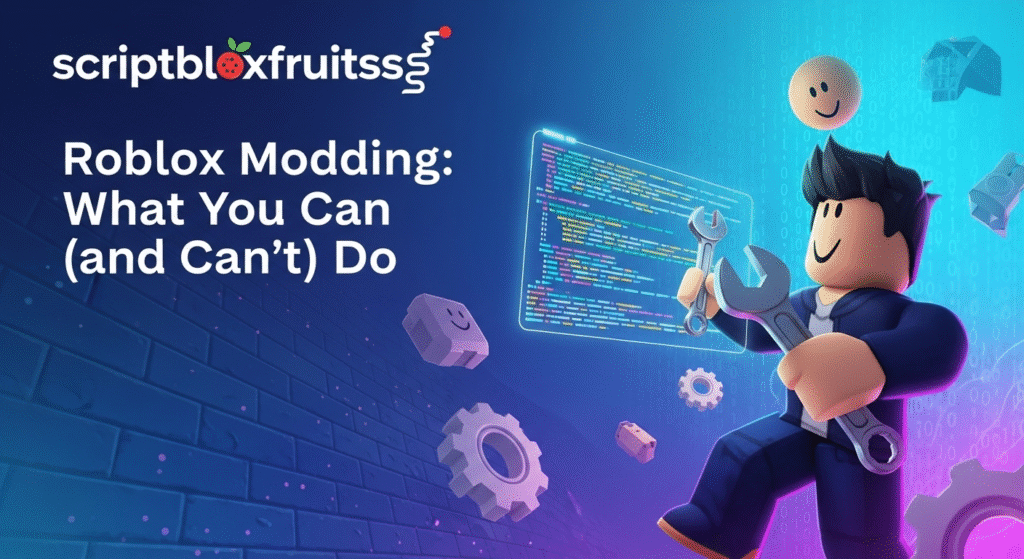 Divisão entre o uso seguro do Roblox Studio (permitido) e os riscos de usar mods ilegais (proibido).