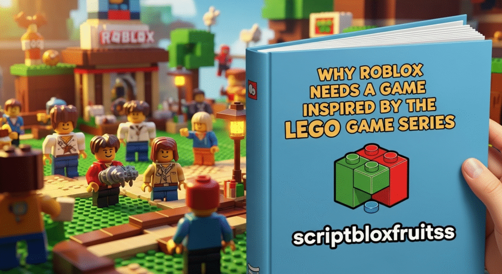 Dois jogadores a resolver um puzzle cooperativo num jogo estilo LEGO no Roblox.