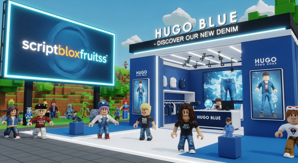 Avatar a usar a coleção de ganga Hugo Blue da HUGO BOSS na sua experiência no Roblox.
