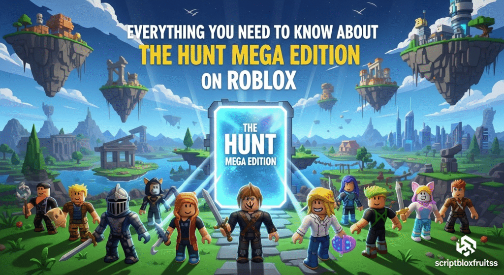 O hub central do evento The Hunt no Roblox, com vários jogadores e portais para os jogos.