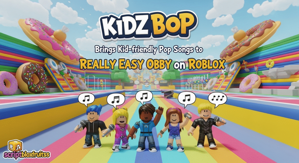 Avatar a jogar no percurso temático do KIDZ BOP dentro do Really Easy Obby no Roblox.
