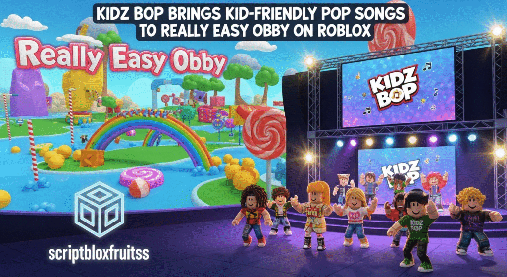 Jogabilidade do obby musical do KIDZ BOP, com plataformas em forma de teclas de piano.