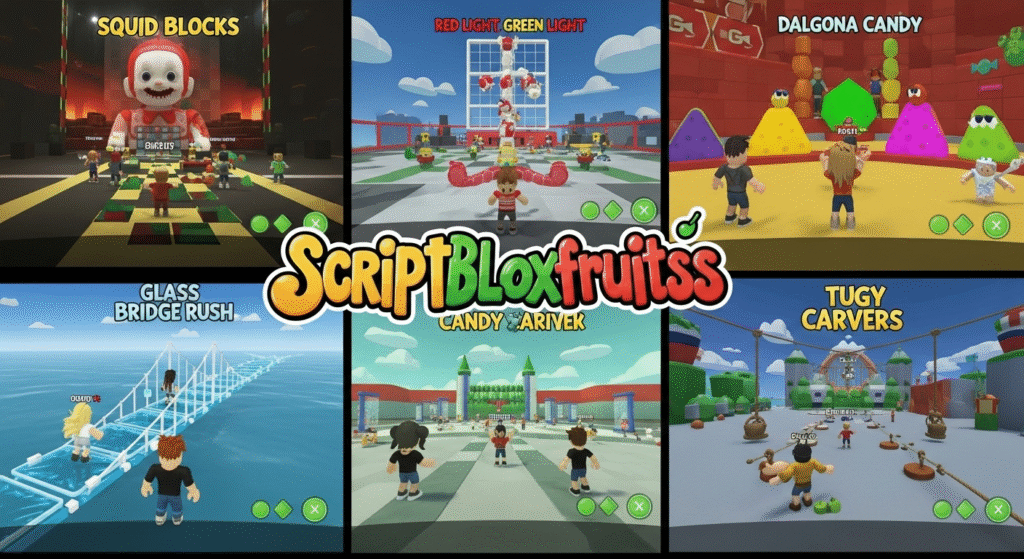 Jogadores no desafio "Batatinha Frita 1, 2, 3" num jogo do Roblox inspirado em Squid Game.