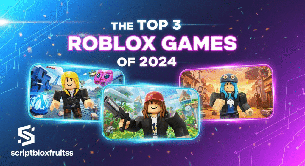 Montagem dos melhores jogos do Roblox em 2024, mostrando um simulador, um RPG e um obby.