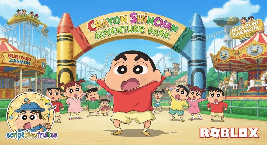 Avatar do Crayon Shin-chan a dançar no seu parque de aventuras no Roblox.