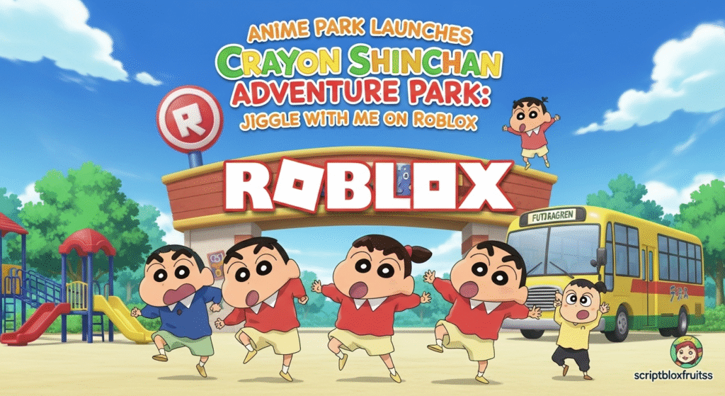 Jogabilidade no parque do Crayon Shin-chan no Roblox, com avatares a participar num minijogo.