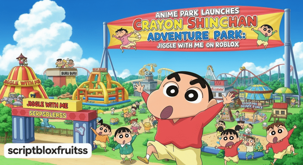 Jogadores reunidos junto à estátua do Herói Mascarado no parque do Shin-chan no Roblox.