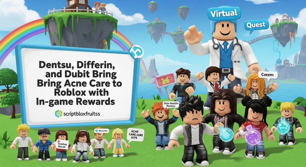 Jogador a aplicar um "pimple patch" num avatar no jogo da Differin no Roblox.