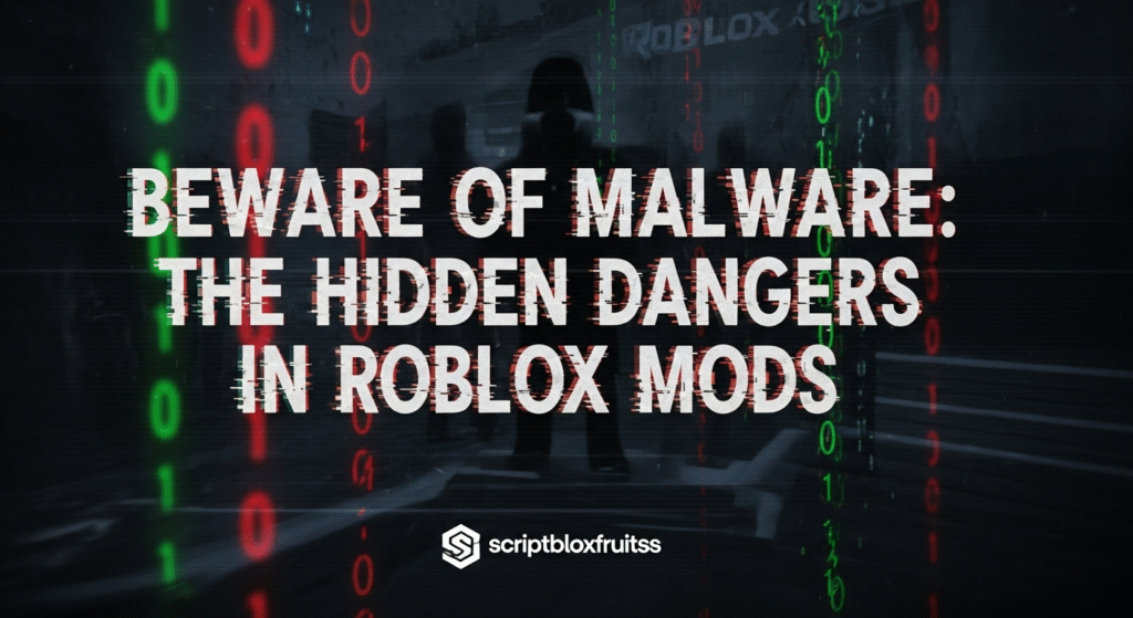 Símbolo de perigo (caveira) sobre um botão de download de um mod do Roblox, alertando sobre malware.