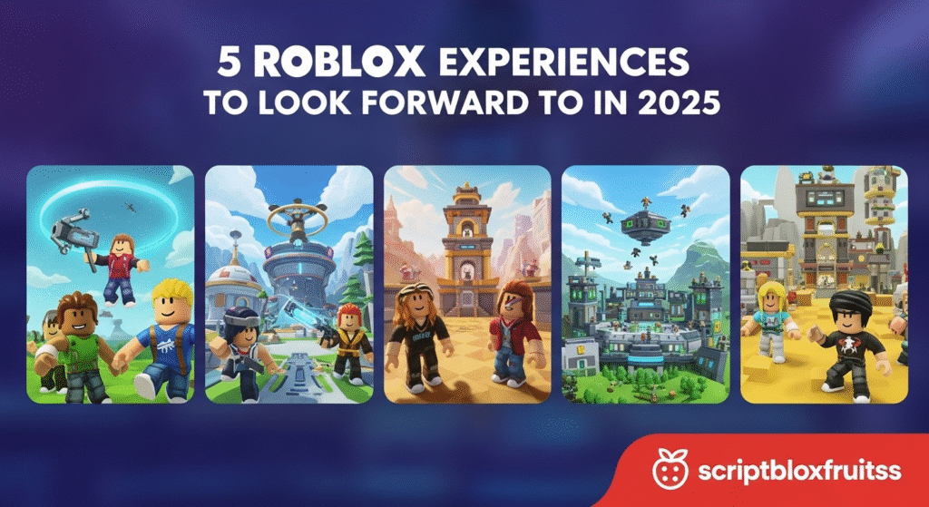 Montagem de futuras experiências de jogos no Roblox para 2025, mostrando vários géneros.