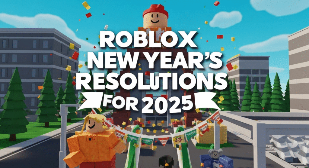 Avatar do Roblox a celebrar o Ano Novo 2025 com uma lista de metas para cumprir.