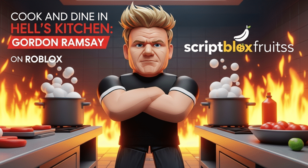 Avatar de Gordon Ramsay a supervisionar uma cozinha caótica no jogo Hell's Kitchen do Roblox.