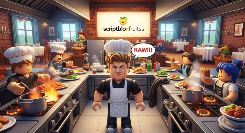 Jogador a cozinhar sob pressão numa estação de cozinha do Hell's Kitchen no Roblox.